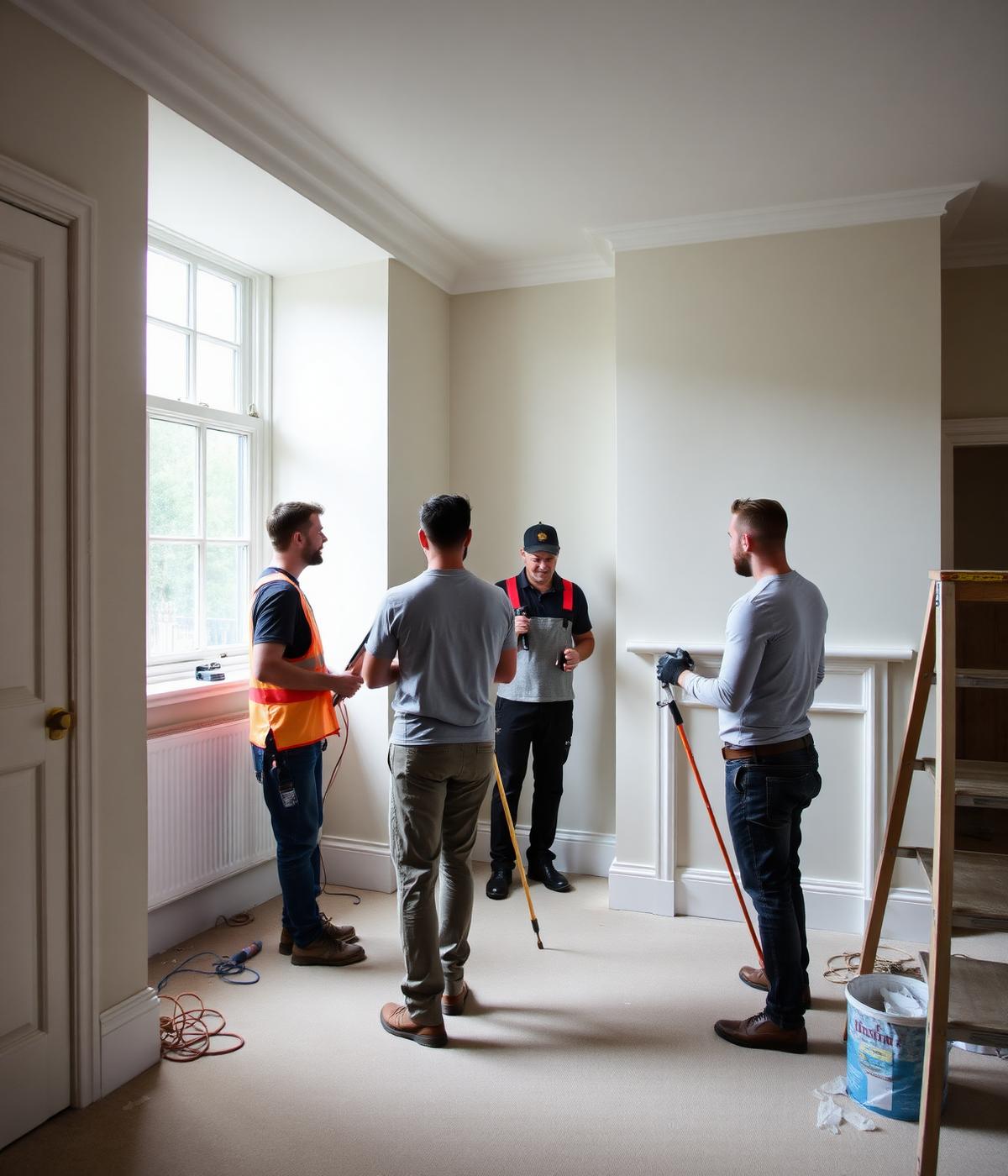 Home improvement team preparing a room for decorating and plastering