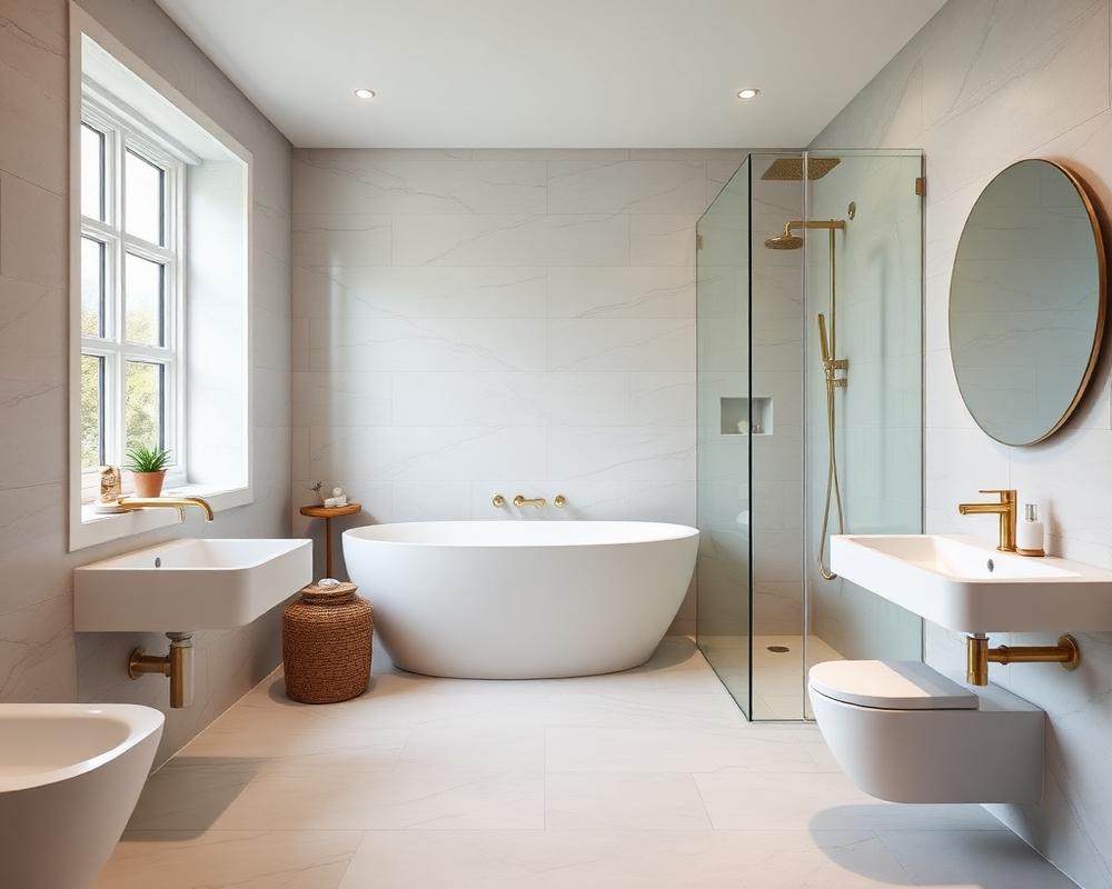 Renovated bathroom with large format tiles, freestanding bath and brass fittings