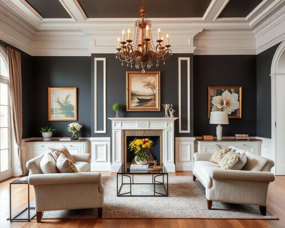 Freshly decorated living room with dark feature walls and crisp white woodwork