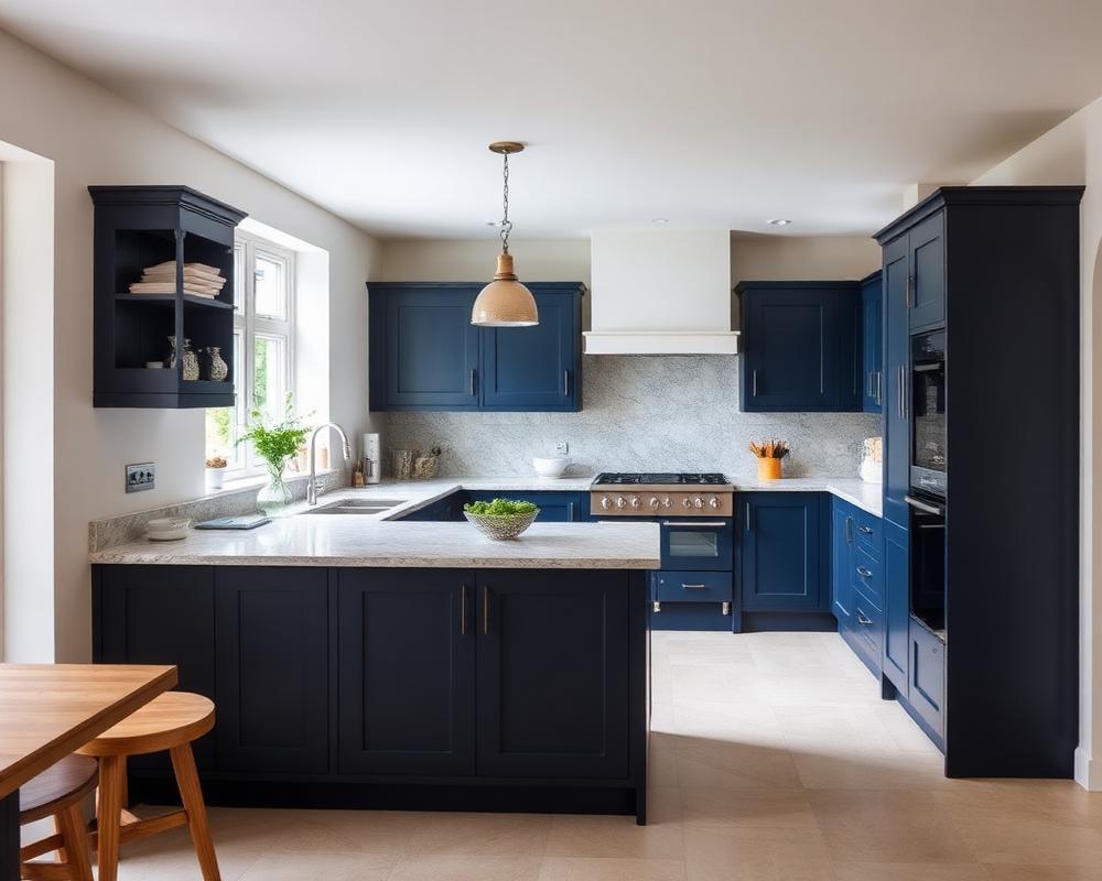Newly fitted navy shaker kitchen with stone worktops