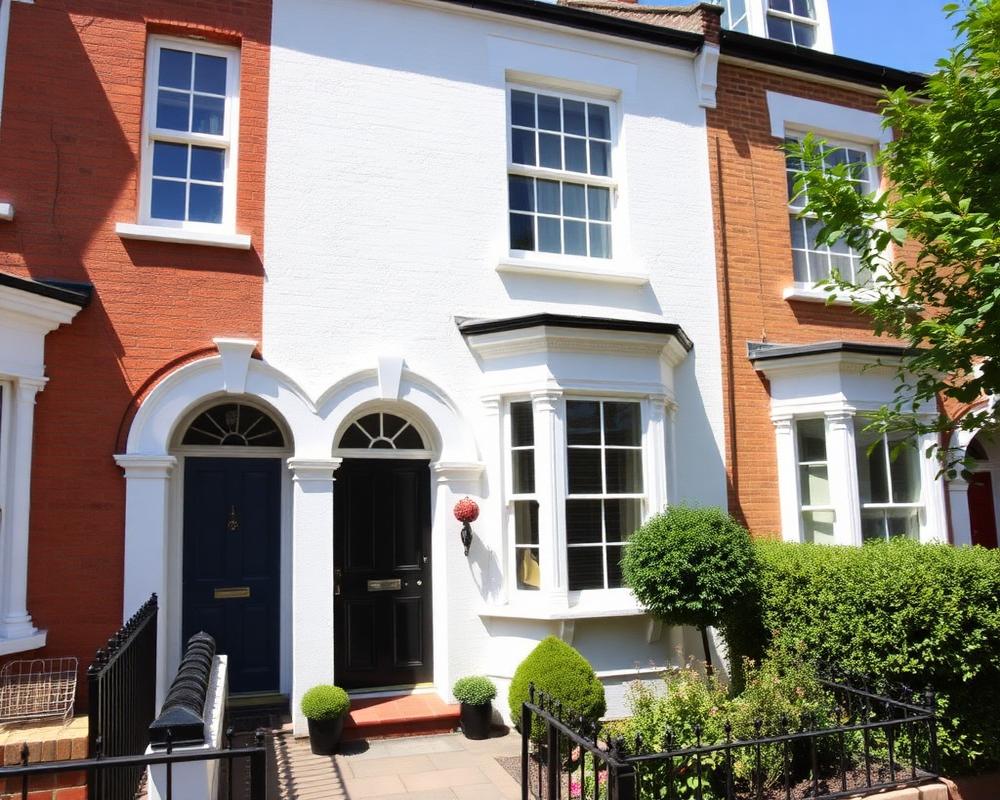 Victorian terraced house exterior with fresh white paintwork